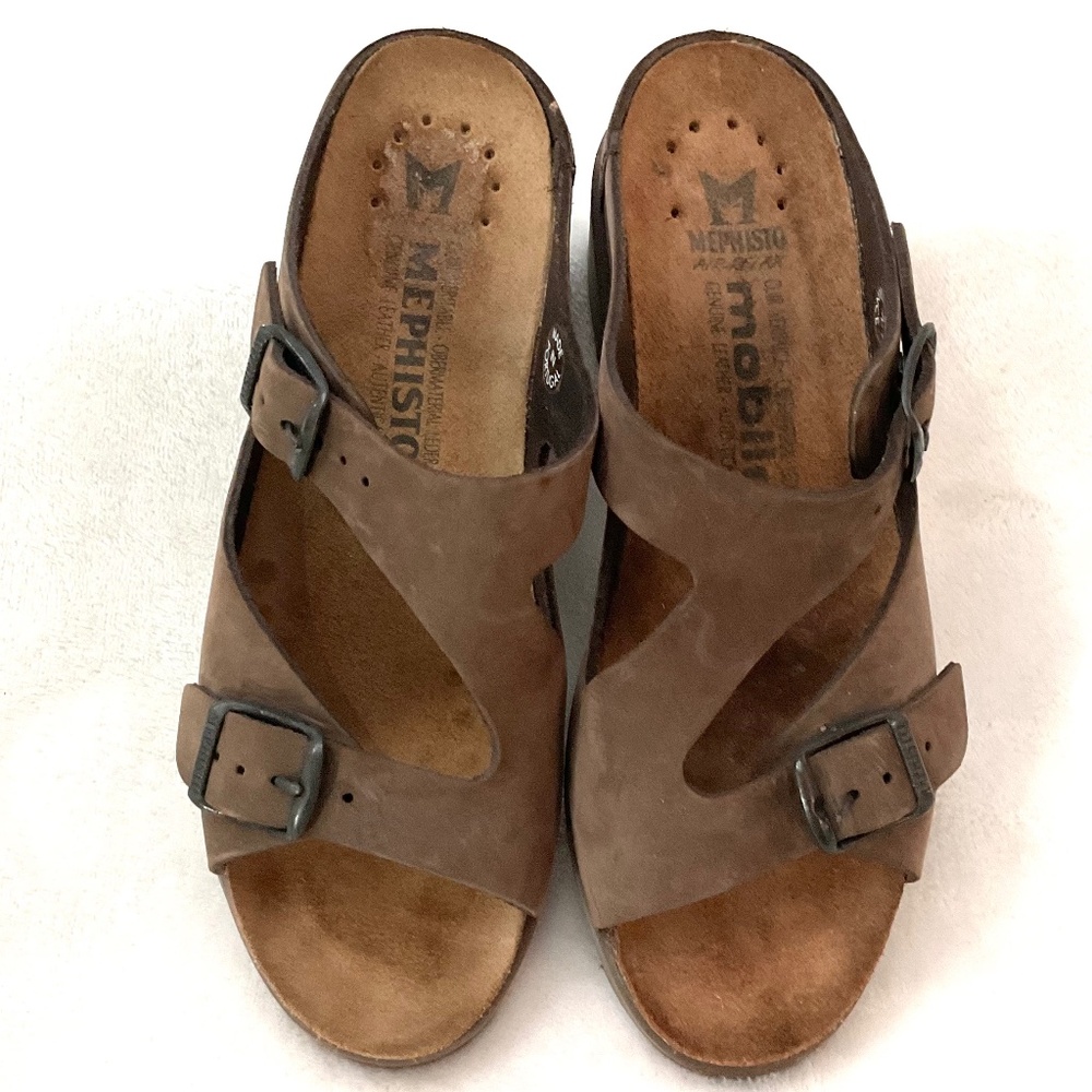 Mephisto Brown Nubuck Leather Terie Wedge Double Buckle Strap Slip on Sz 7/37 - Picture 3 of 16